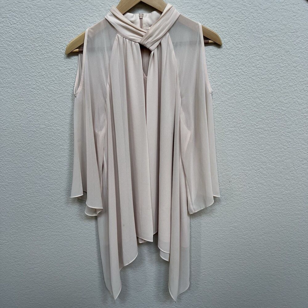 Black Label by Chicos Asymmetric Tunic Blouse Soft Pink Size 2 Cold Shoulder